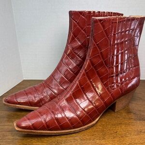 Schultz Womens Briani Crocodile Embossed Red Leather Boots Booties, sz 8.5